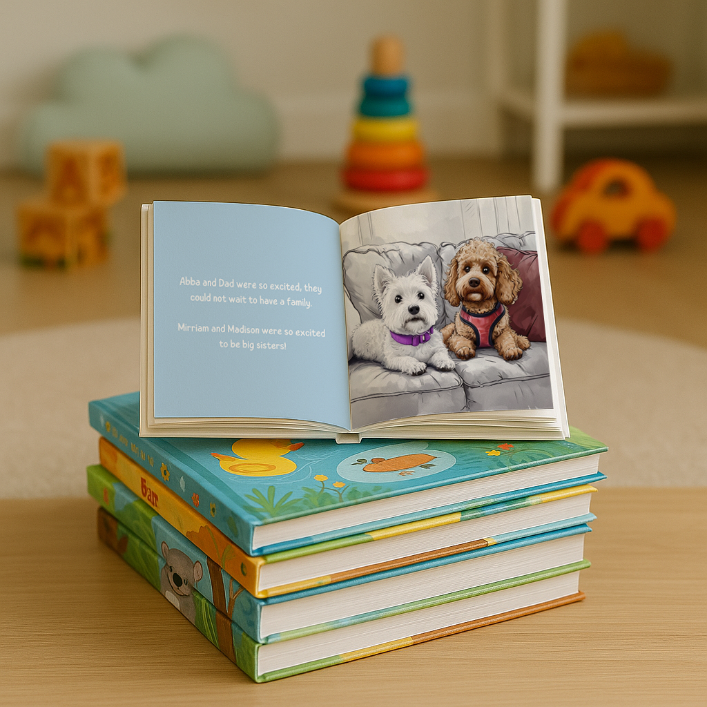 Inside pages of a personalized IVF children’s book showing custom illustrated family story