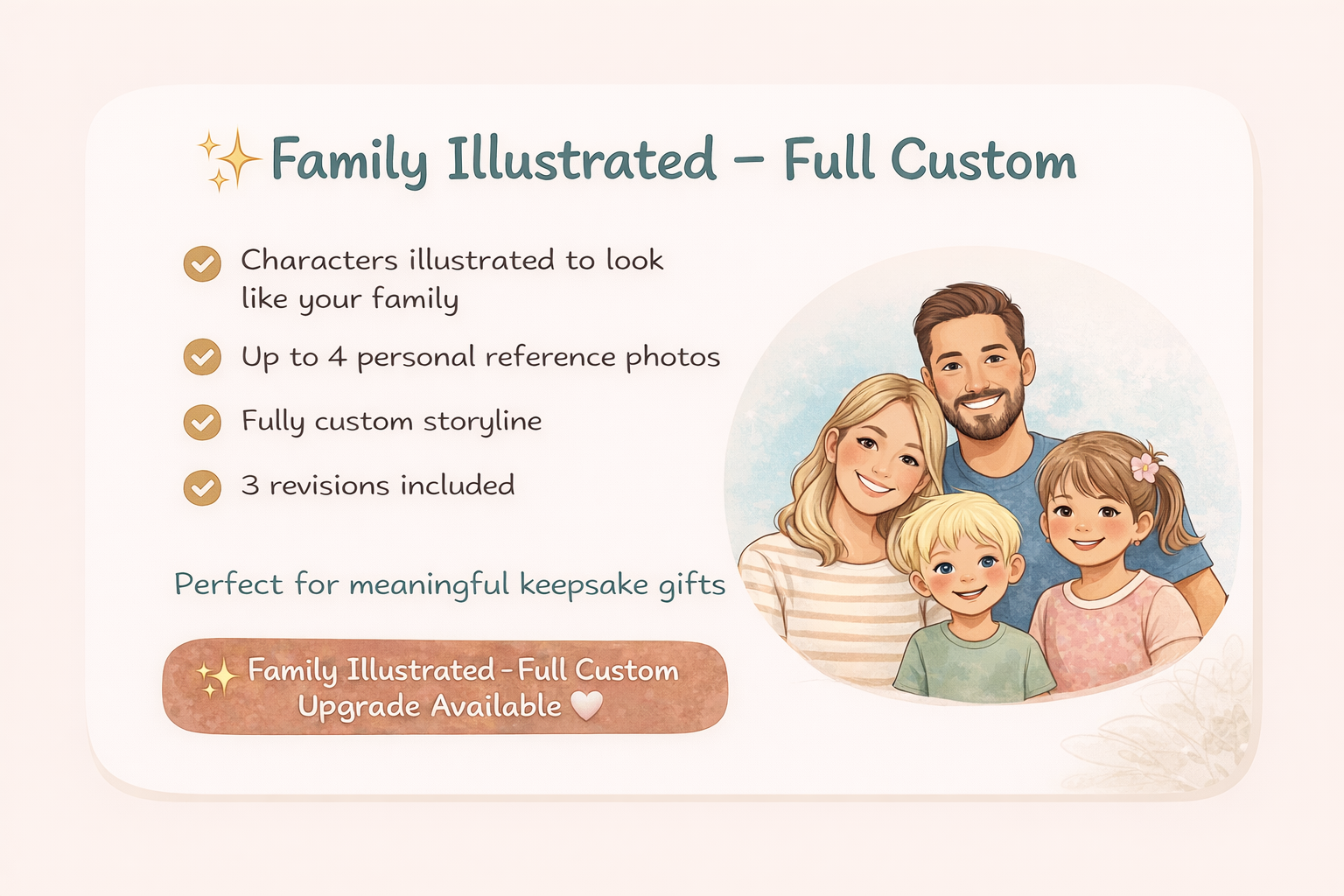 Family illustrated full custom children’s book upgrade with personal photos