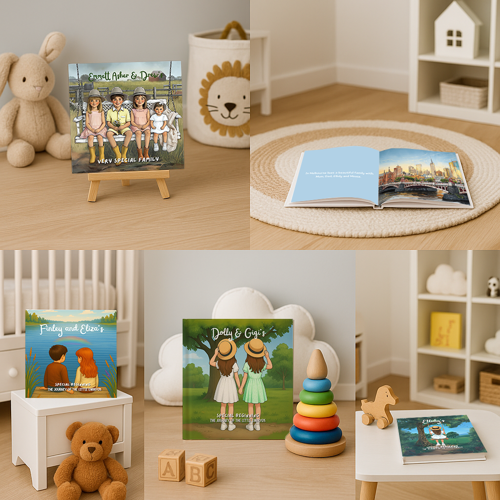Collage of custom family illustrated books 